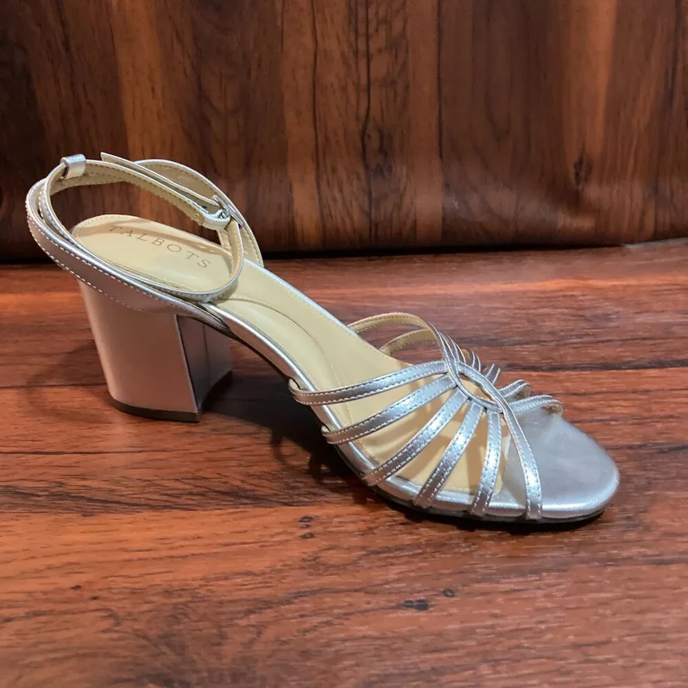 Talbots Block Heel Sandals Womens 8.5 Silver Metallic Strappy Evening Shoes